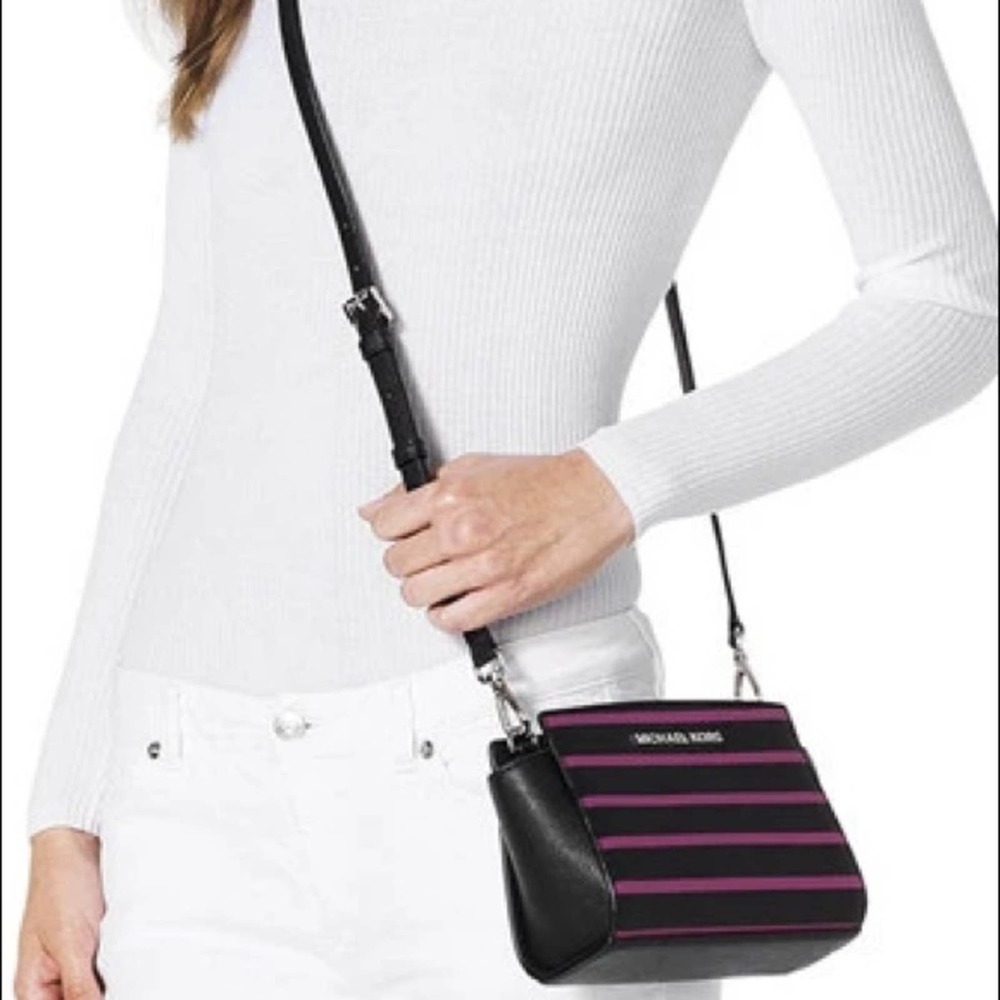 Michael Kors Mini Bag Striped Crossbody Black Violet Messenger Selma - Picture 3 of 14